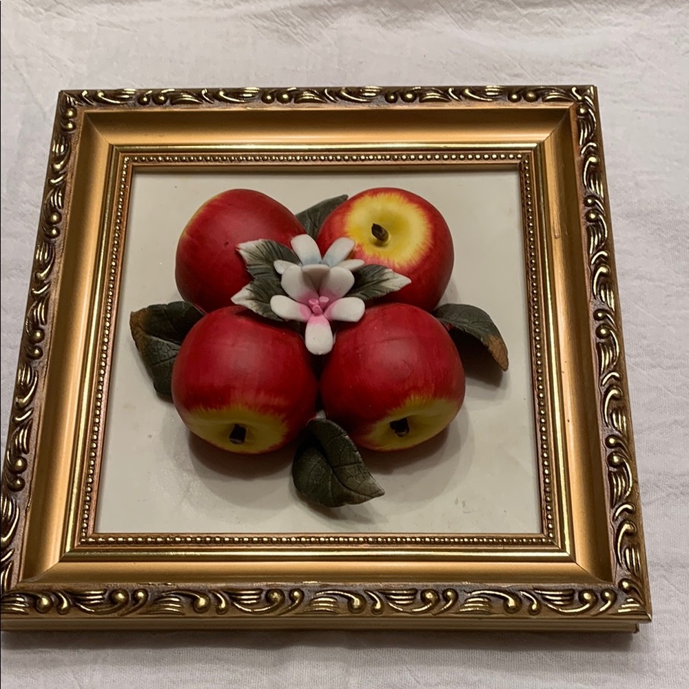 Apples and ceramic Flowers Wall Art with exquisite Gold Frame realistic Beauty